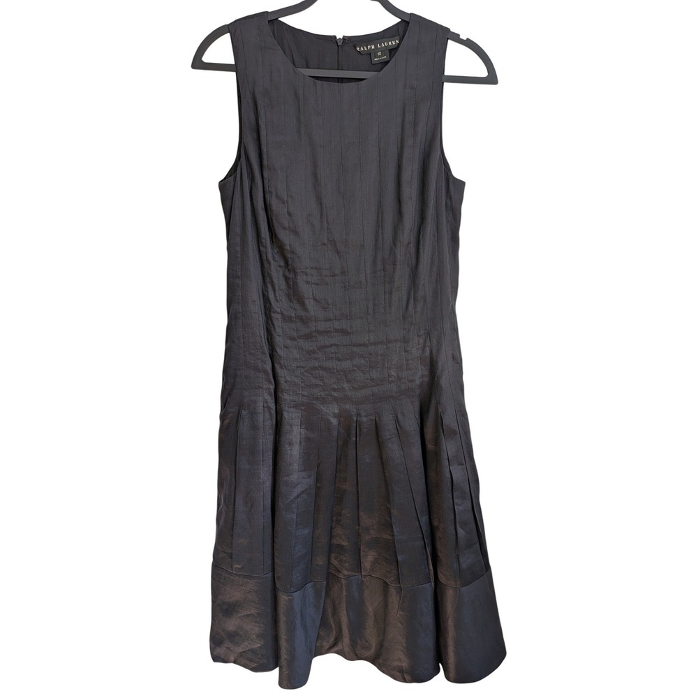 Ralph Lauren Dress Women's 10 Black Ramie Silk Pleated Drop Waist Quiet Luxury